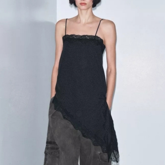 Zara Zw Collection Asymmetric Polka Dot Lace Top Sz-L - Picture 4 of 12